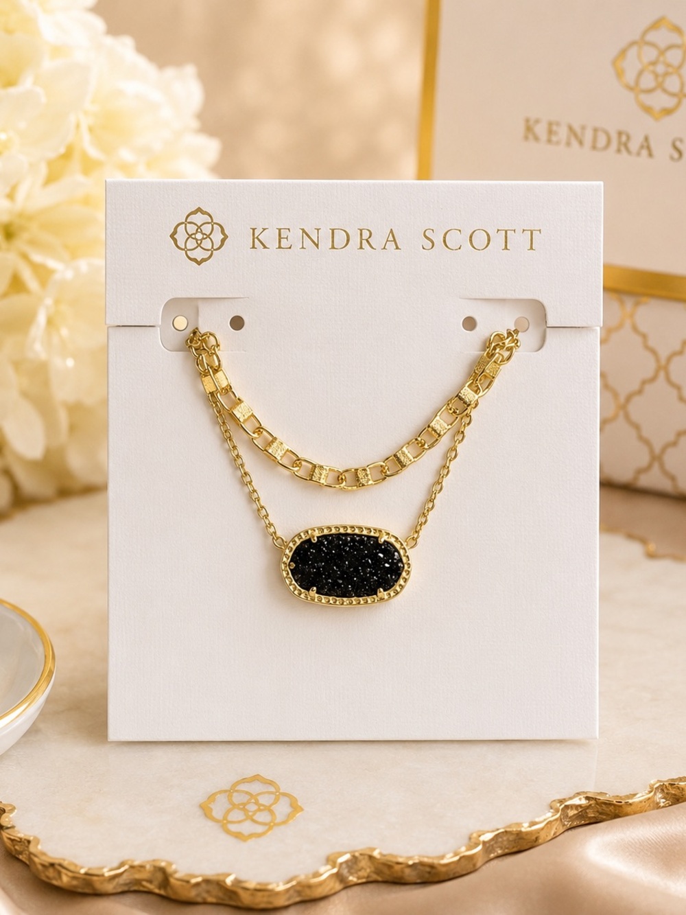 Kendra Scott Gold Layered Necklace with Black Druzy Pendant